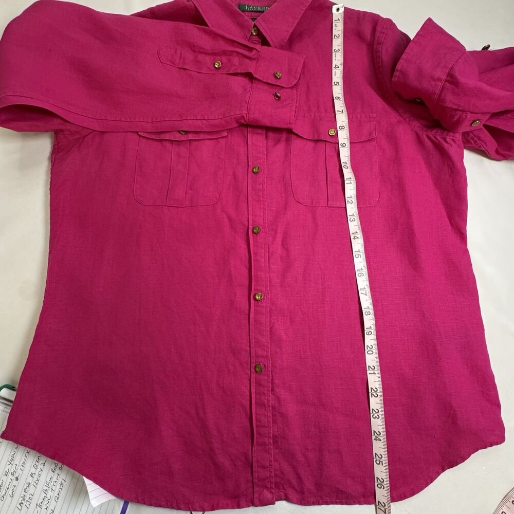 Lauren Ralph Lauren 100% Linen Pink Shirt Women's Large Gold Buttons Casual - Picture 7 of 9